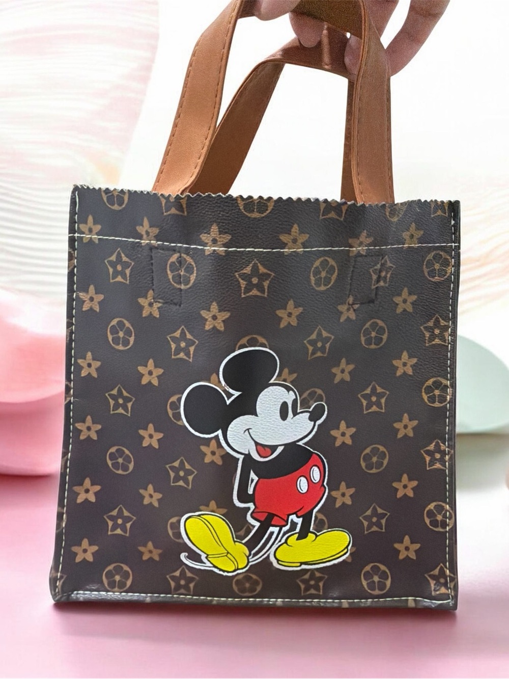 Brown Mickey Print Tote with Tan Handles